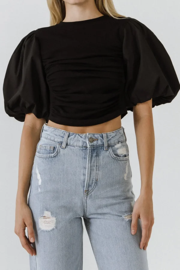 ENGLISH FACTORY Tops*- Shirred Knit Mixed Media Puff Sleeve Top