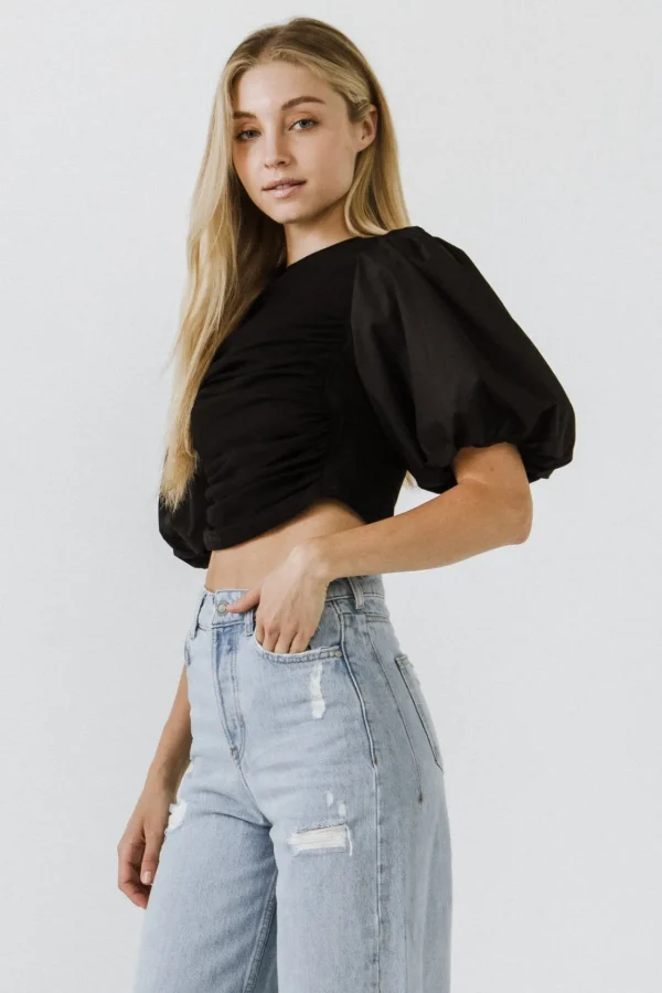 ENGLISH FACTORY Tops*- Shirred Knit Mixed Media Puff Sleeve Top