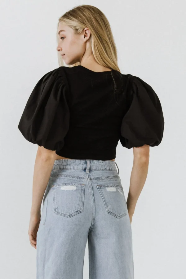 ENGLISH FACTORY Tops*- Shirred Knit Mixed Media Puff Sleeve Top