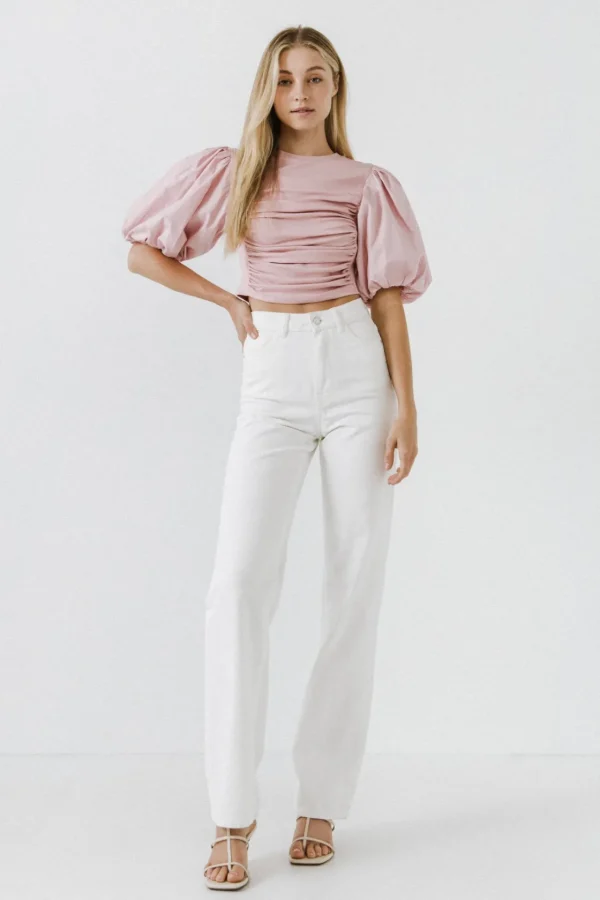 ENGLISH FACTORY Tops*- Shirred Knit Mixed Media Puff Sleeve Top