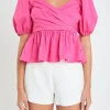 ENGLISH FACTORY Tops*- Shirring Detail Puff Sleeve Top PINK