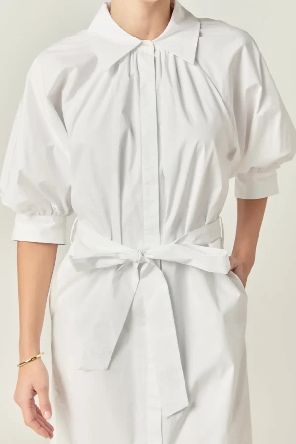 ENGLISH FACTORY White Dresses | Puff Sleeve*- Shirringed Short Sleeves Shirt Dress WHITE