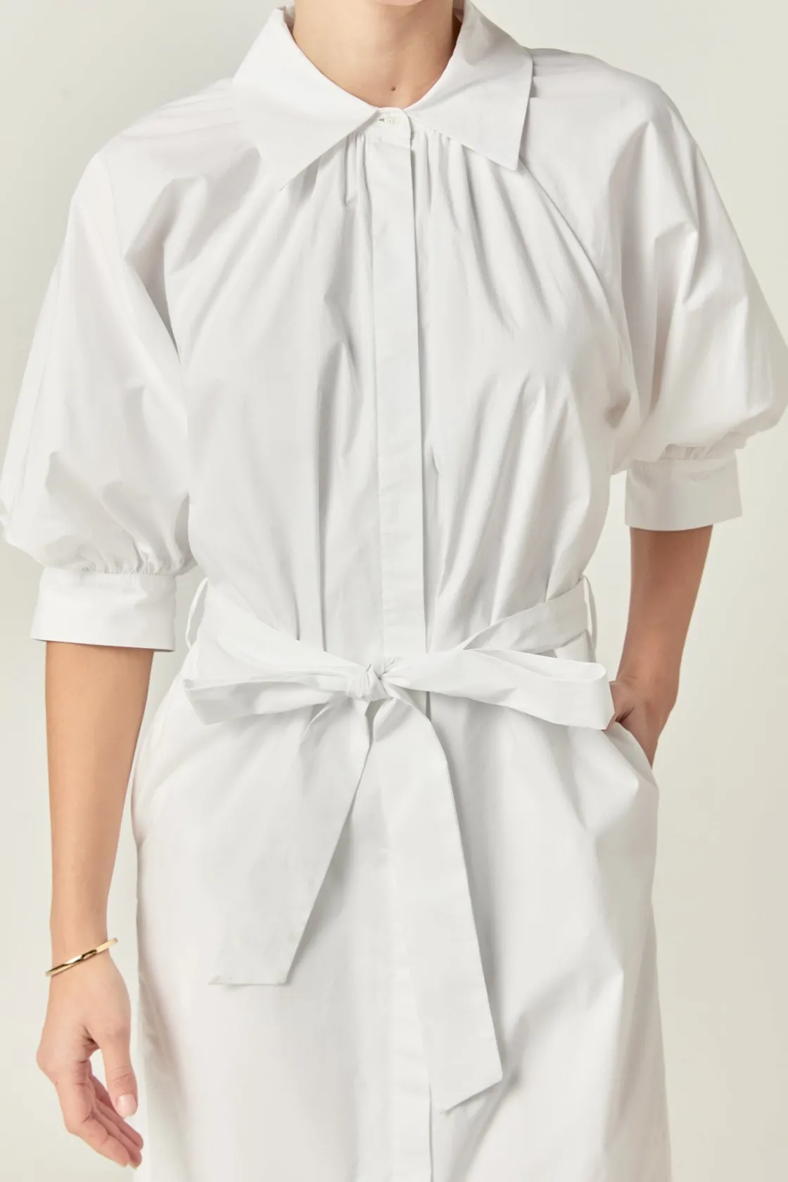 english_factory__shirring_0-5.webp ENGLISH FACTORY White Dresses | Puff Sleeve*- Shirringed Short Sleeves Shirt Dress WHITE