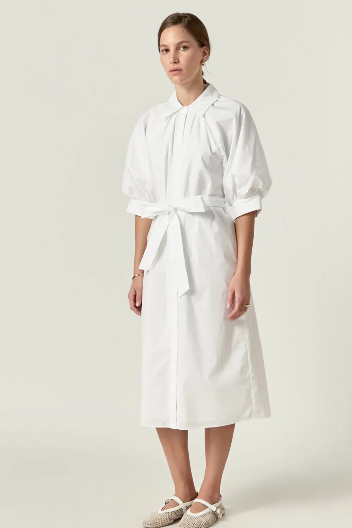 english_factory__shirring_1-5.webp ENGLISH FACTORY White Dresses | Puff Sleeve*- Shirringed Short Sleeves Shirt Dress WHITE