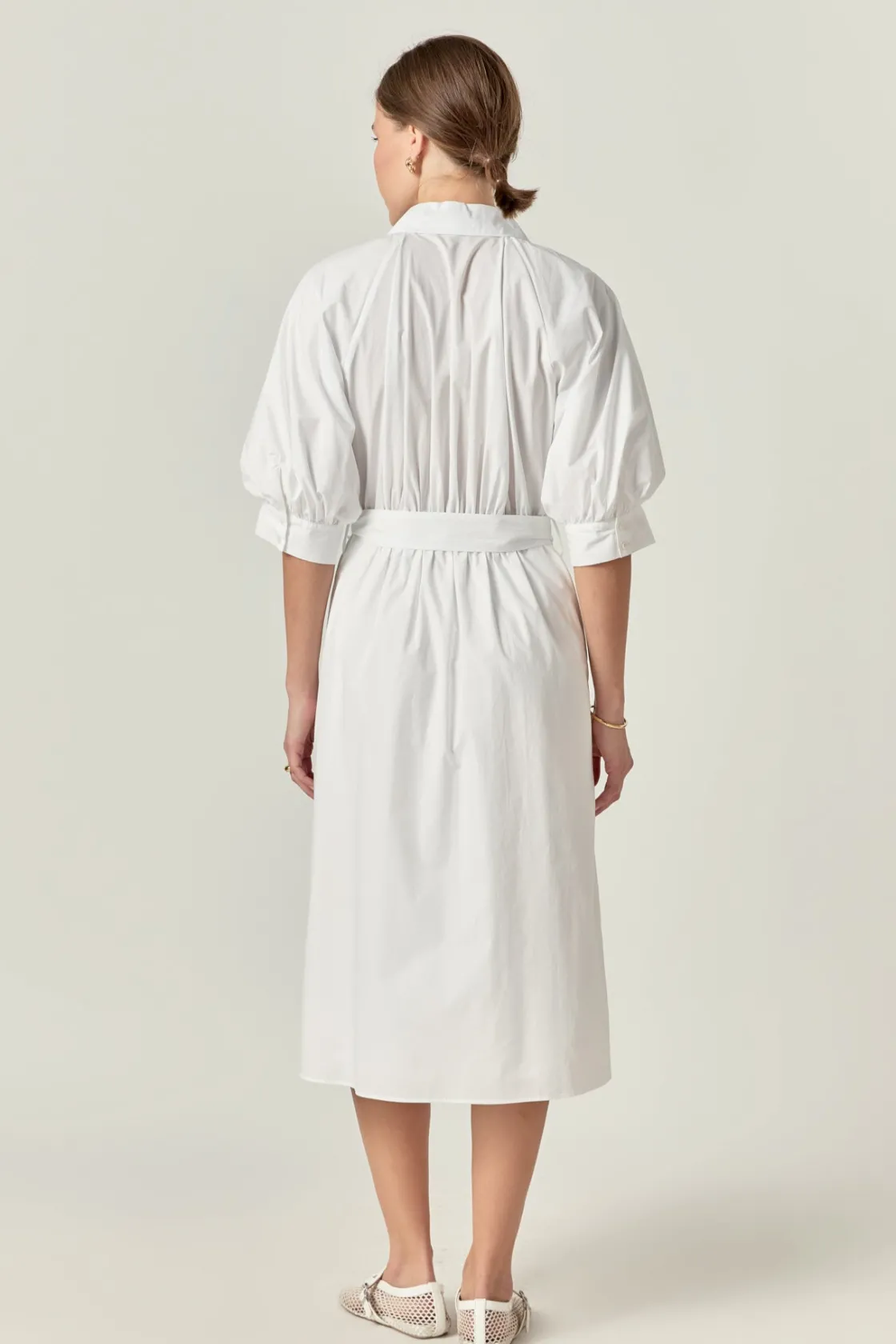 english_factory__shirring_2-5.webp ENGLISH FACTORY White Dresses | Puff Sleeve*- Shirringed Short Sleeves Shirt Dress WHITE