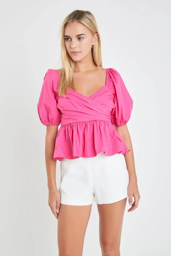 ENGLISH FACTORY Tops*- Shirring Detail Puff Sleeve Top PINK