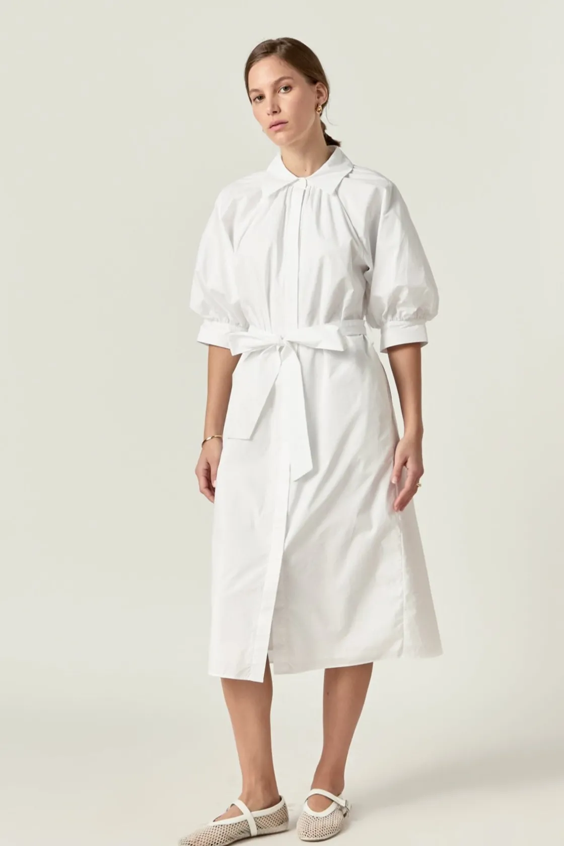 english_factory__shirring_3-5.webp ENGLISH FACTORY White Dresses | Puff Sleeve*- Shirringed Short Sleeves Shirt Dress WHITE