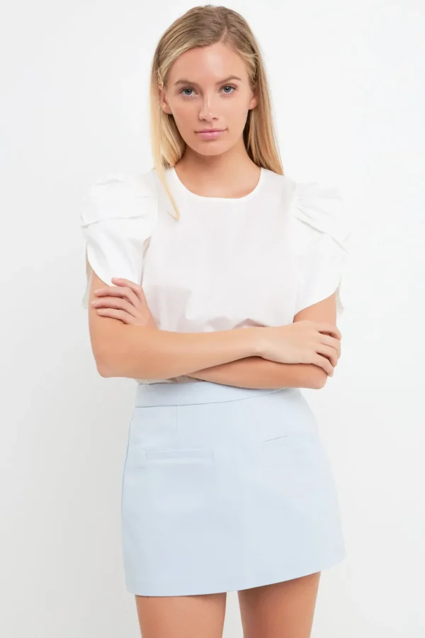 ENGLISH FACTORY Tops*- Shirring Detail Sleeve Top WHITE