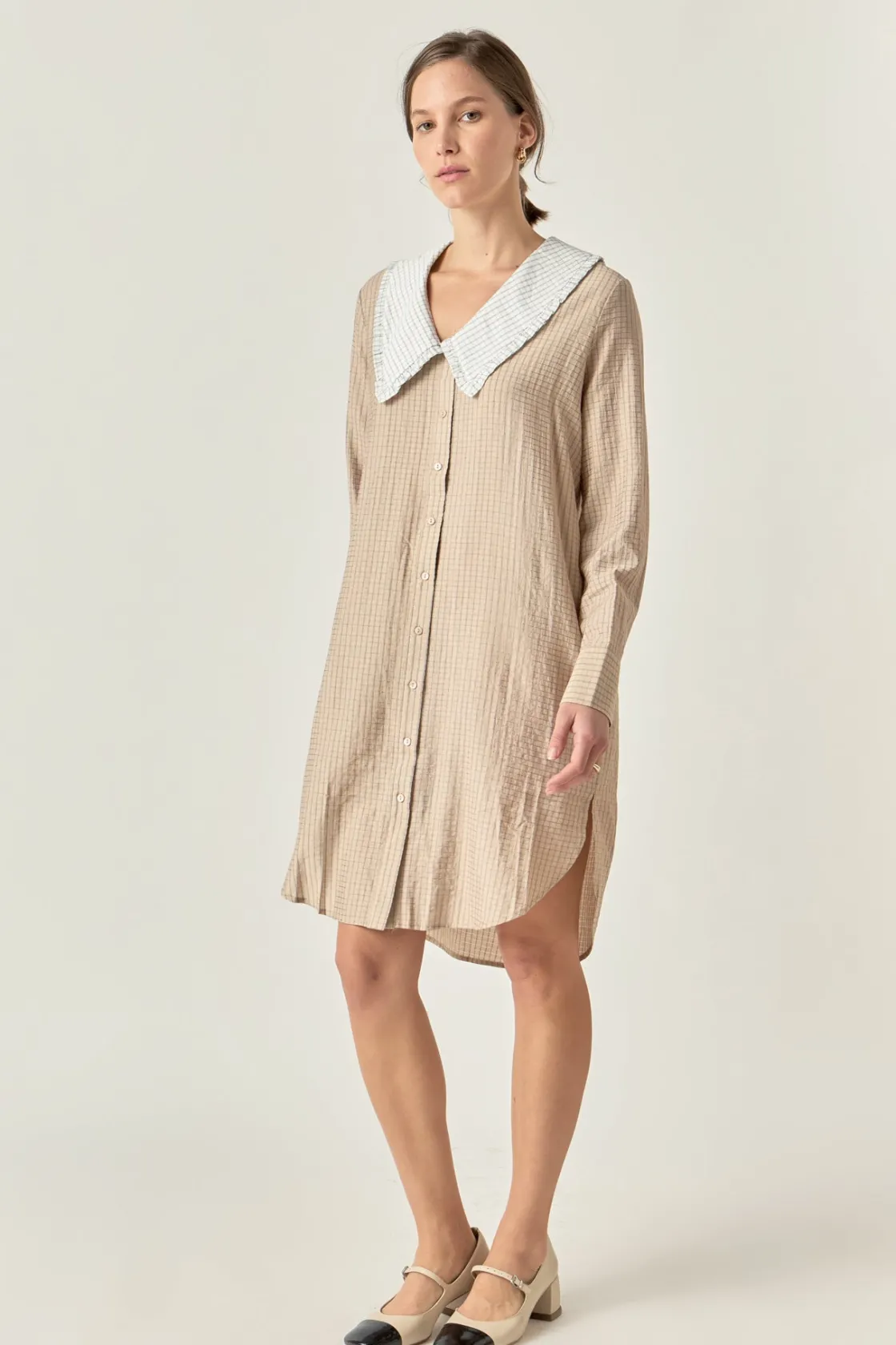 english_factory__shirt_dr_1.webp ENGLISH FACTORY White Dresses | Tops*- Shirt Dress with Contrast Collar BEIGE/WHITE