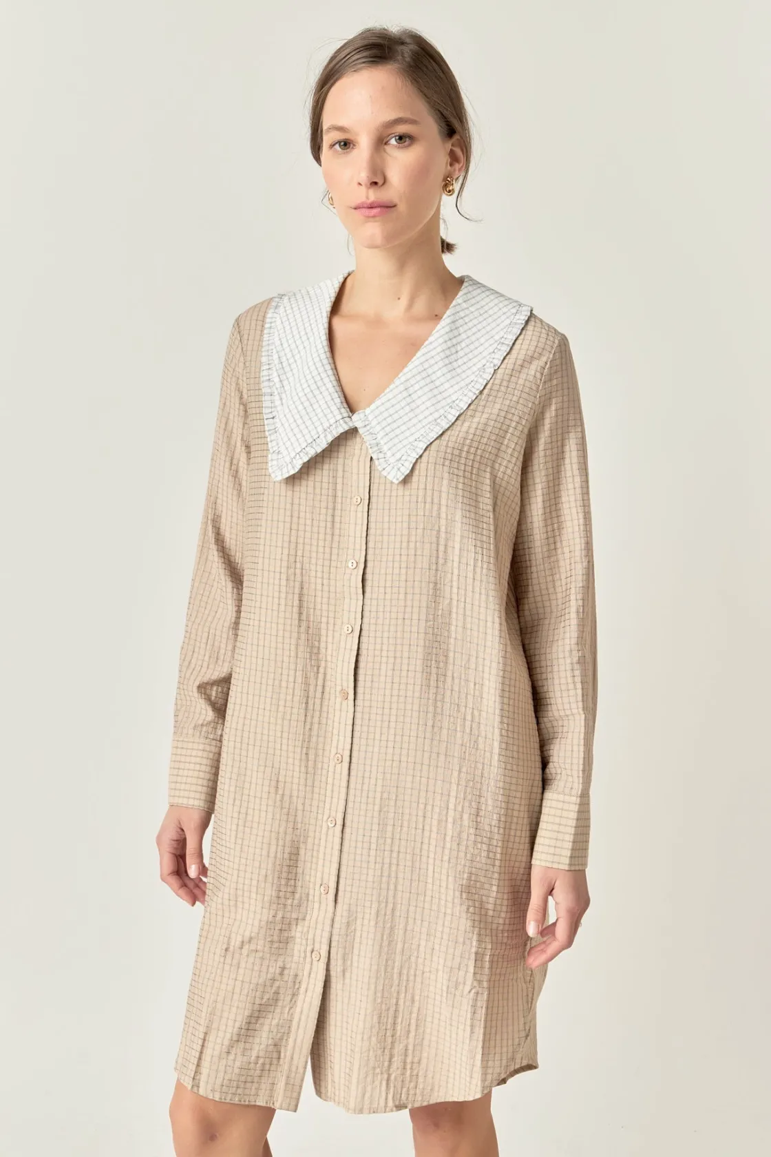 english_factory__shirt_dr_3.webp ENGLISH FACTORY White Dresses | Tops*- Shirt Dress with Contrast Collar BEIGE/WHITE