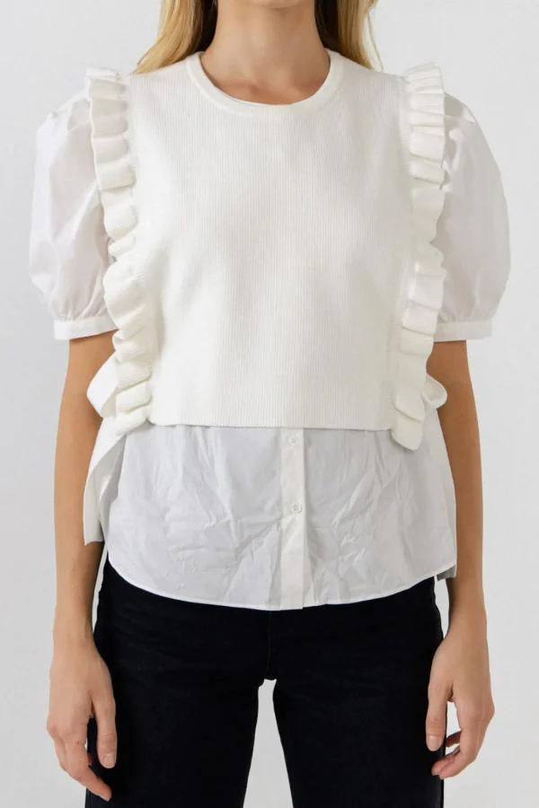 ENGLISH FACTORY Tops*- Short Puff Sleeve Shirt with Ruffed Sweater IVORY