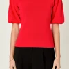 ENGLISH FACTORY Tops*- Short Puff Sleeves Sweater Top RED