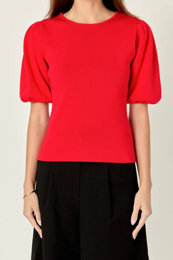 ENGLISH FACTORY Tops*- Short Puff Sleeves Sweater Top RED