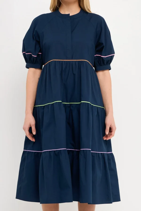 ENGLISH FACTORY White Dresses | Tops*- Short Puff Sleeve Dress Piping Detail