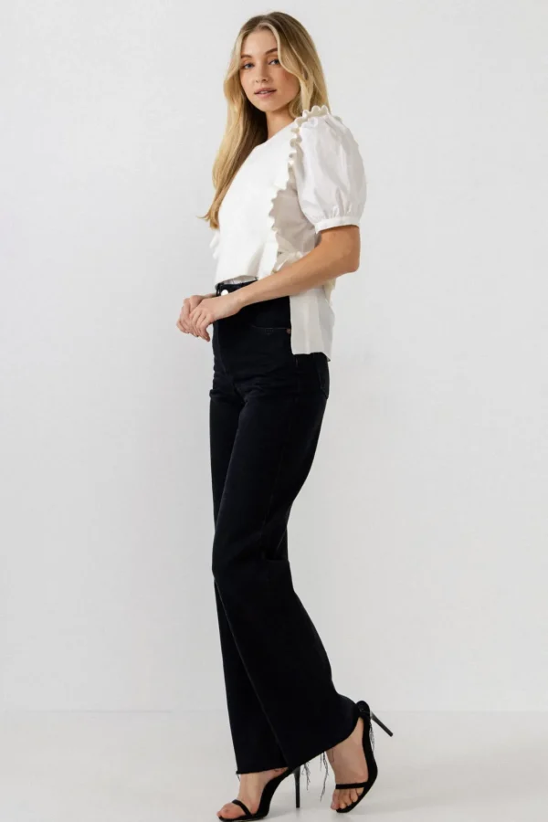 ENGLISH FACTORY Tops*- Short Puff Sleeve Shirt with Ruffed Sweater IVORY