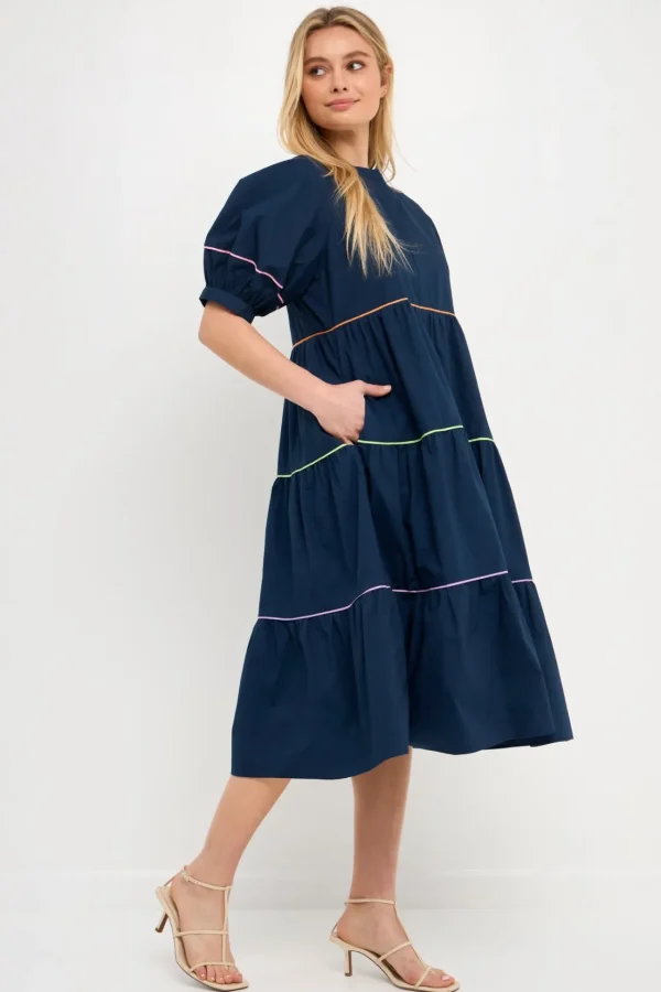 ENGLISH FACTORY White Dresses | Tops*- Short Puff Sleeve Dress Piping Detail