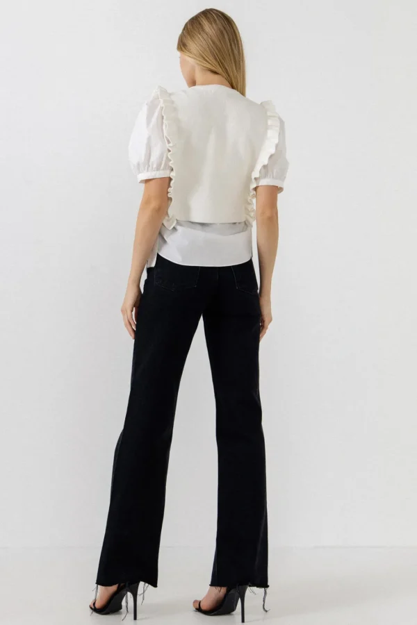 ENGLISH FACTORY Tops*- Short Puff Sleeve Shirt with Ruffed Sweater IVORY