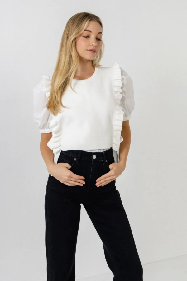 ENGLISH FACTORY Tops*- Short Puff Sleeve Shirt with Ruffed Sweater IVORY