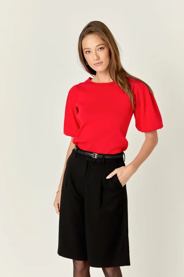 ENGLISH FACTORY Tops*- Short Puff Sleeves Sweater Top RED