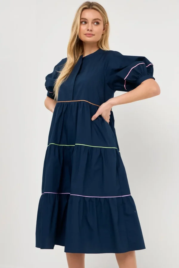 ENGLISH FACTORY White Dresses | Tops*- Short Puff Sleeve Dress Piping Detail