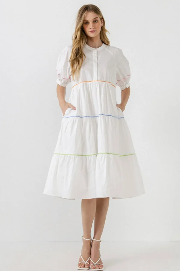 ENGLISH FACTORY White Dresses | Tops*- Short Puff Sleeve Dress Piping Detail