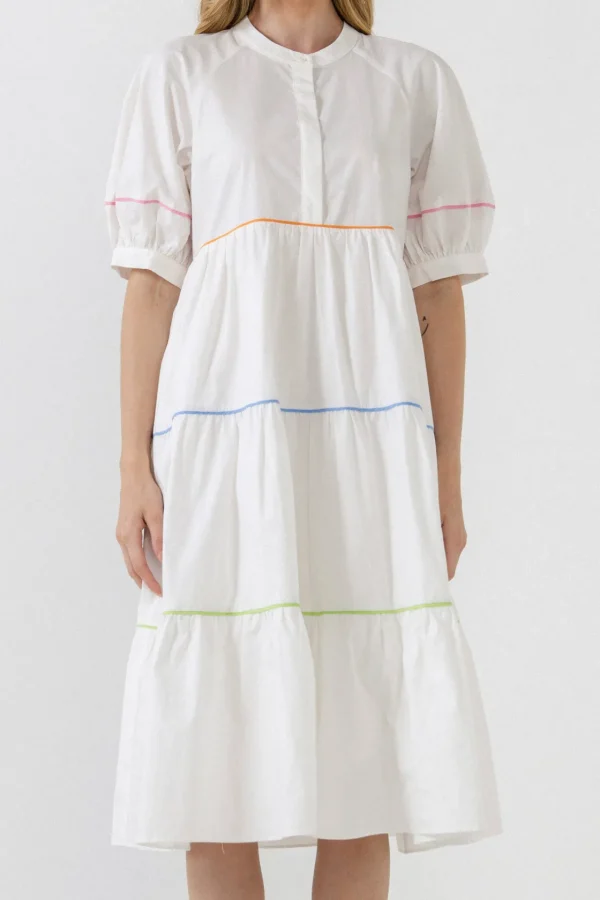 ENGLISH FACTORY White Dresses | Tops*- Short Puff Sleeve Dress Piping Detail