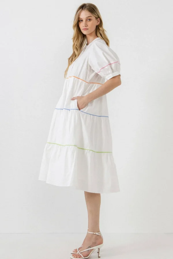 ENGLISH FACTORY White Dresses | Tops*- Short Puff Sleeve Dress Piping Detail