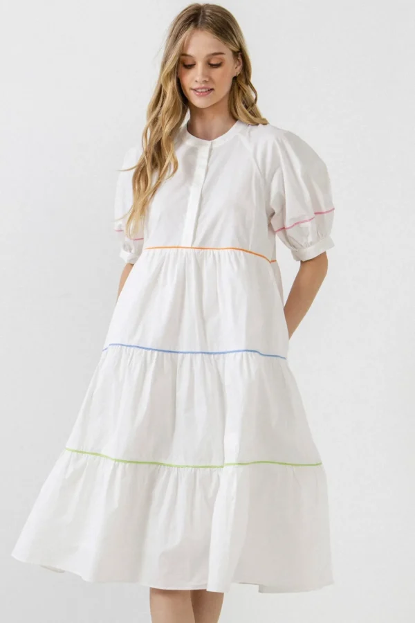 ENGLISH FACTORY White Dresses | Tops*- Short Puff Sleeve Dress Piping Detail