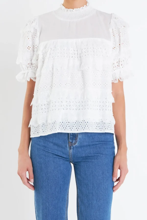 ENGLISH FACTORY Tops*- Short Sleeve Lace Babydoll Top OFFWHITE