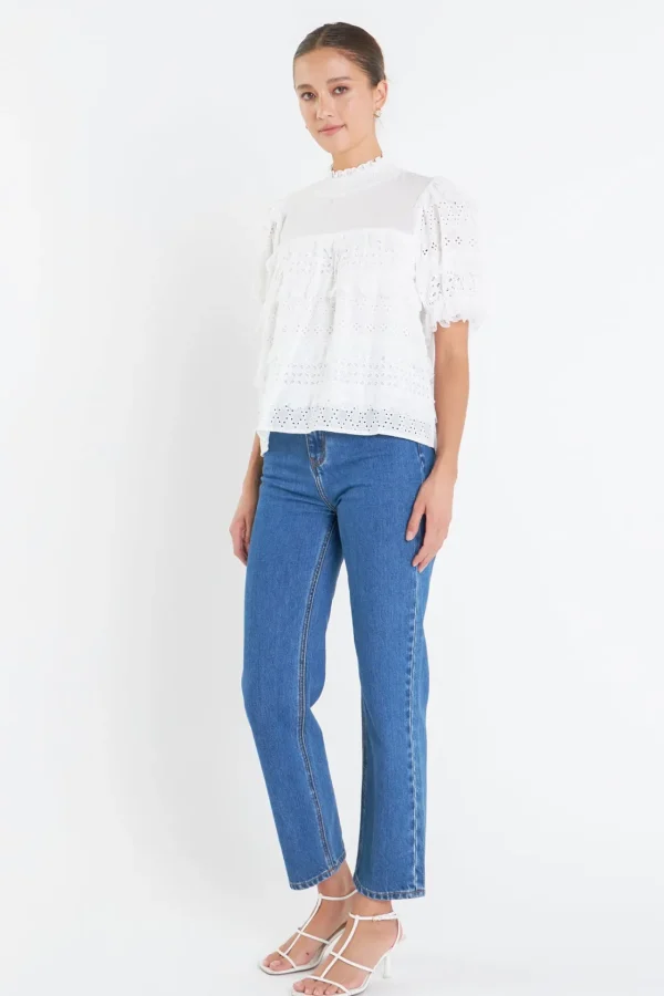 ENGLISH FACTORY Tops*- Short Sleeve Lace Babydoll Top OFFWHITE