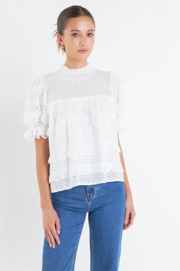 ENGLISH FACTORY Tops*- Short Sleeve Lace Babydoll Top OFFWHITE