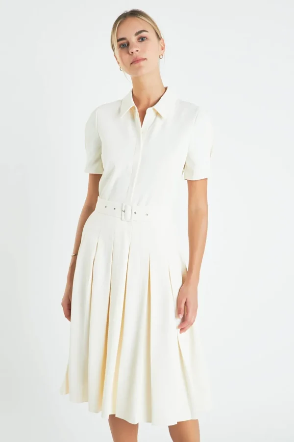 ENGLISH FACTORY White Dresses | Tops*- Short-Sleeve Pleated Midi Dress CREAM