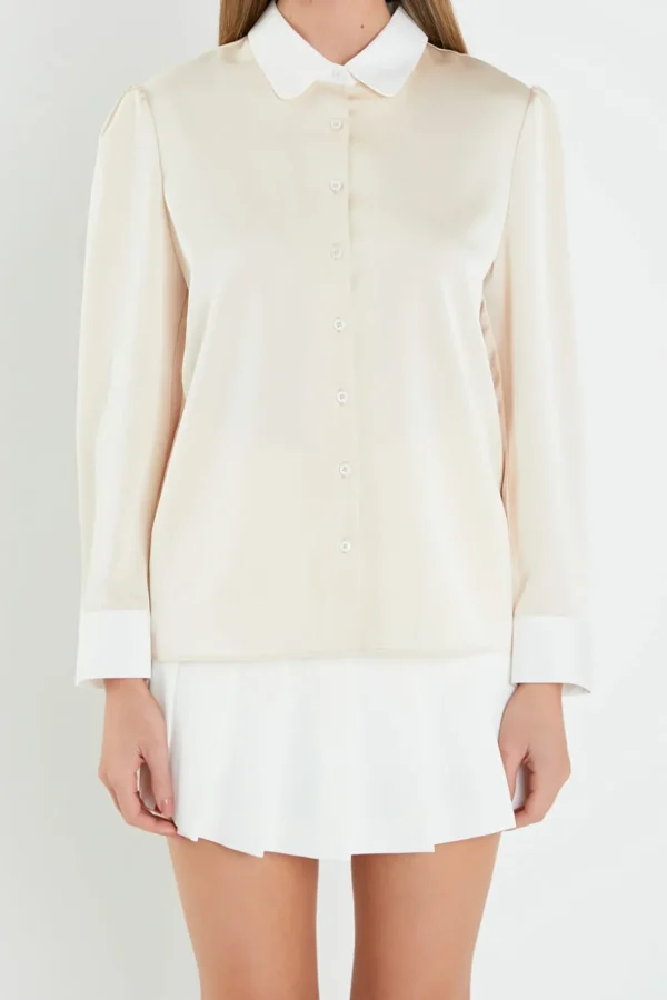 ENGLISH FACTORY Shirts & Blouses | Tops*- Silky Shirt with Poplin Combo Collar IVORY