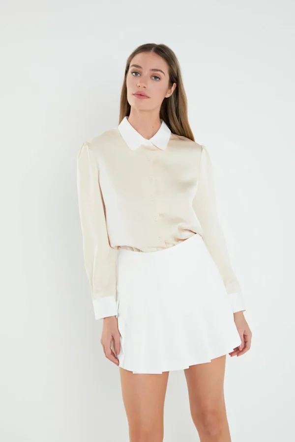 ENGLISH FACTORY Shirts & Blouses | Tops*- Silky Shirt with Poplin Combo Collar IVORY