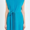 ENGLISH FACTORY Tops*- Sleveless Shoulder Pad Shift Dress with Tie TURQUOISE