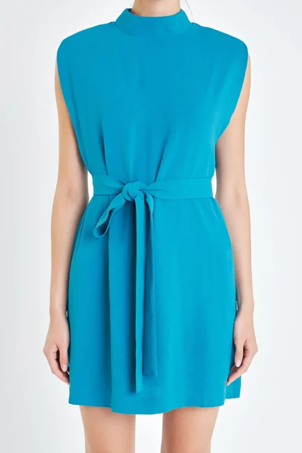 ENGLISH FACTORY Tops*- Sleveless Shoulder Pad Shift Dress with Tie TURQUOISE