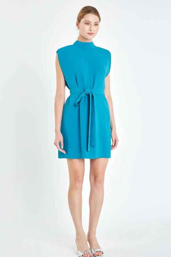 ENGLISH FACTORY Tops*- Sleveless Shoulder Pad Shift Dress with Tie TURQUOISE