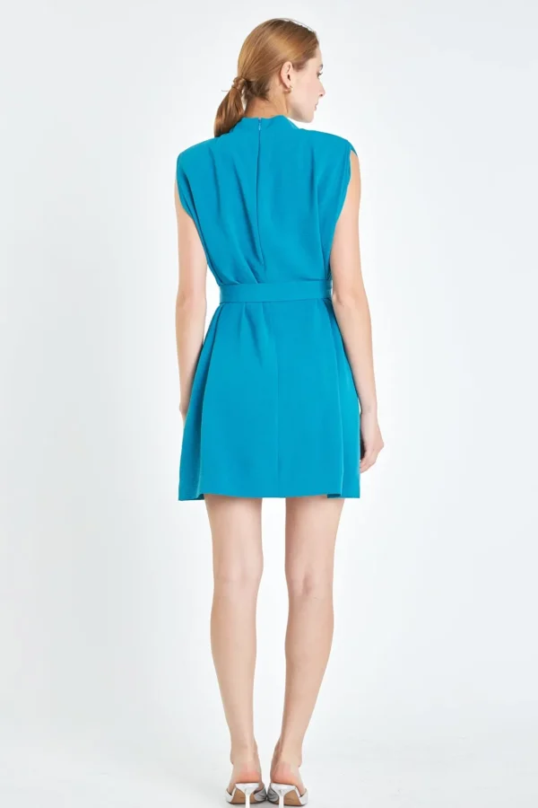 ENGLISH FACTORY Tops*- Sleveless Shoulder Pad Shift Dress with Tie TURQUOISE