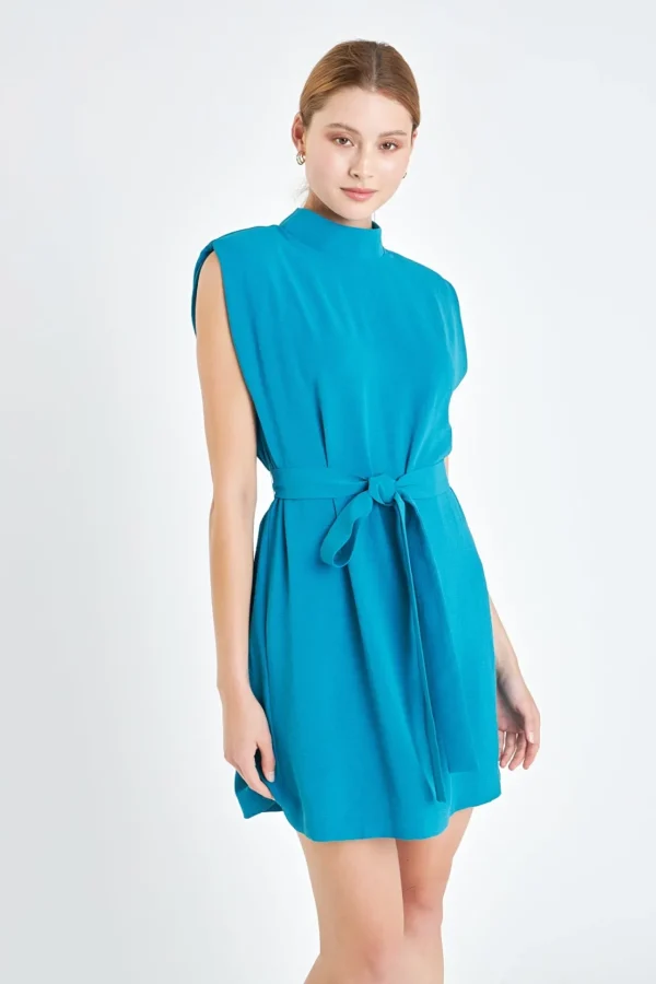 ENGLISH FACTORY Tops*- Sleveless Shoulder Pad Shift Dress with Tie TURQUOISE