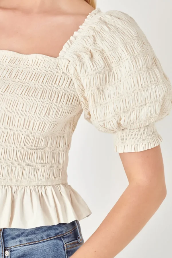 ENGLISH FACTORY Tops*- Smocked Puff Sleeve Top NUDE