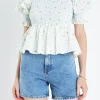 ENGLISH FACTORY Tops*- Smocked Floral Puff Sleeve Top BLUEMULTI
