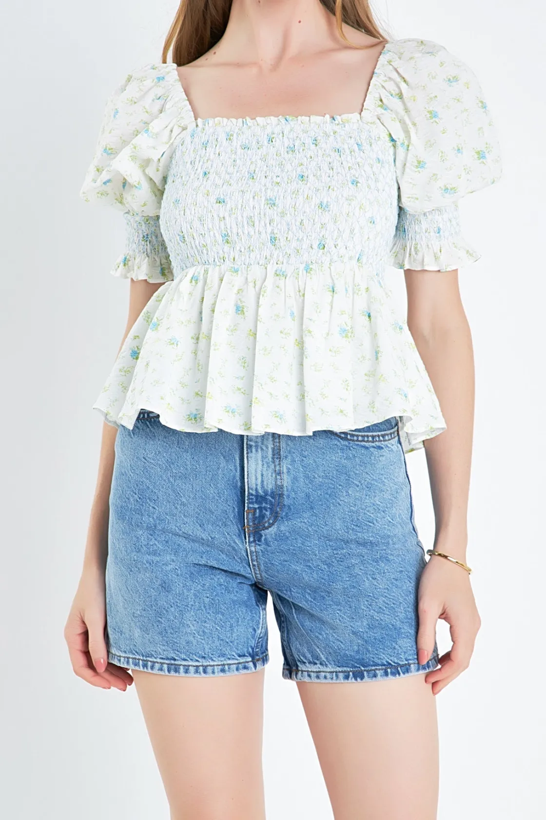 english_factory__smocked__0-2.webp ENGLISH FACTORY Tops*- Smocked Floral Puff Sleeve Top BLUEMULTI
