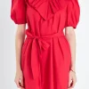 ENGLISH FACTORY Puff Sleeve | Tops*- Smocked Ruffled Mini Dress RED