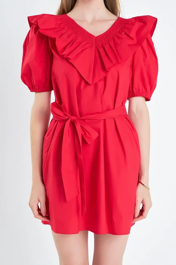 ENGLISH FACTORY Puff Sleeve | Tops*- Smocked Ruffled Mini Dress RED