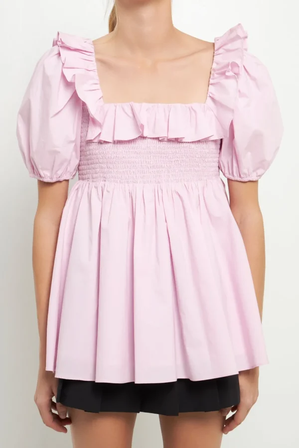 ENGLISH FACTORY Tops*- Smocked Square Neck Puff Sleeve Top PEONY