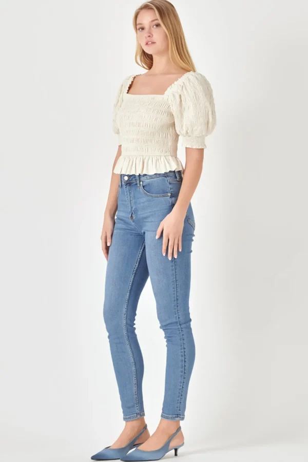 ENGLISH FACTORY Tops*- Smocked Puff Sleeve Top NUDE