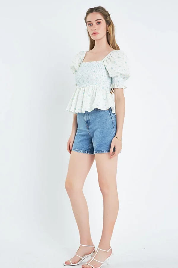 ENGLISH FACTORY Tops*- Smocked Floral Puff Sleeve Top BLUEMULTI