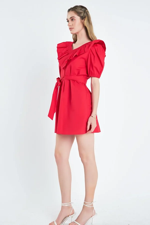 ENGLISH FACTORY Puff Sleeve | Tops*- Smocked Ruffled Mini Dress RED
