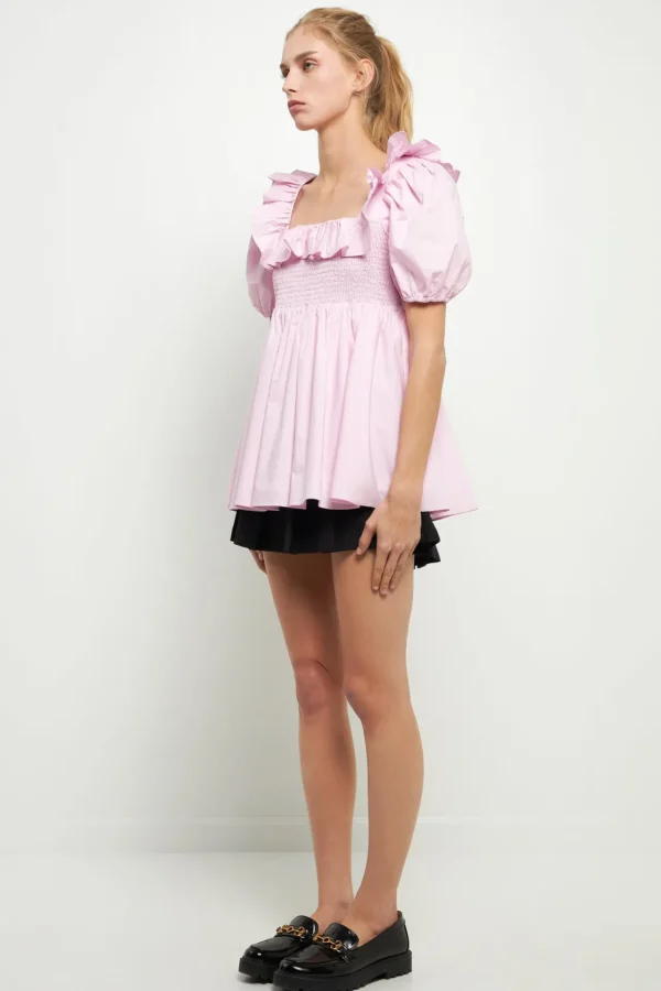 ENGLISH FACTORY Tops*- Smocked Square Neck Puff Sleeve Top PEONY