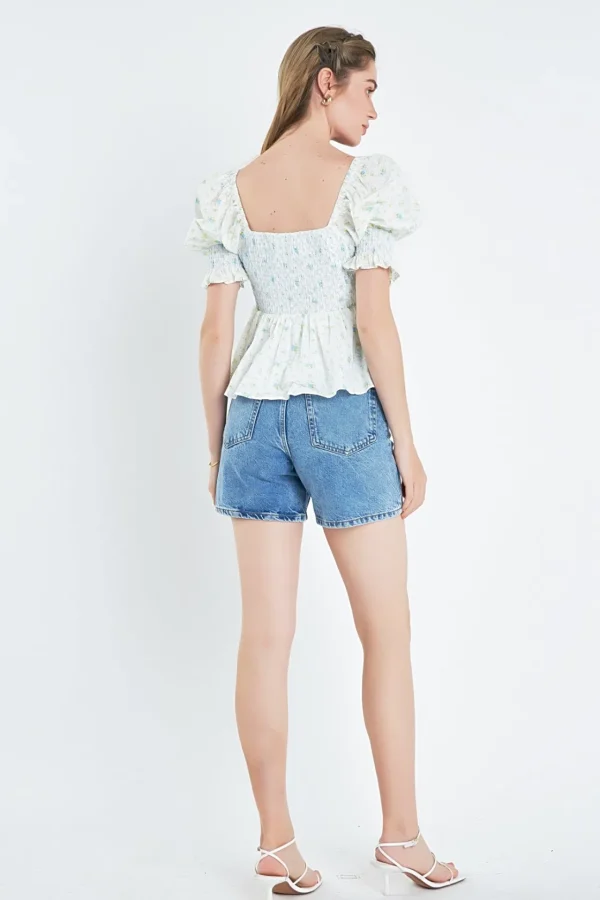 ENGLISH FACTORY Tops*- Smocked Floral Puff Sleeve Top BLUEMULTI